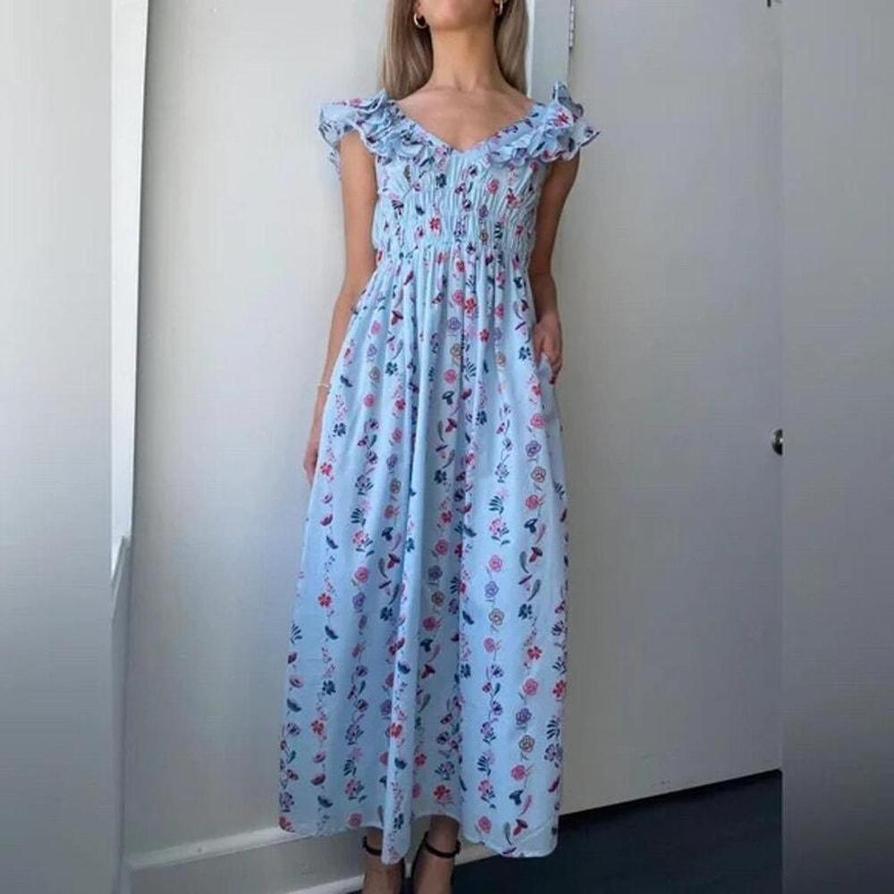 Banjanan Maya Dress Floral Misty Blue V-neck Midi Ruffle Cotton Sz XL - Picture 2 of 13